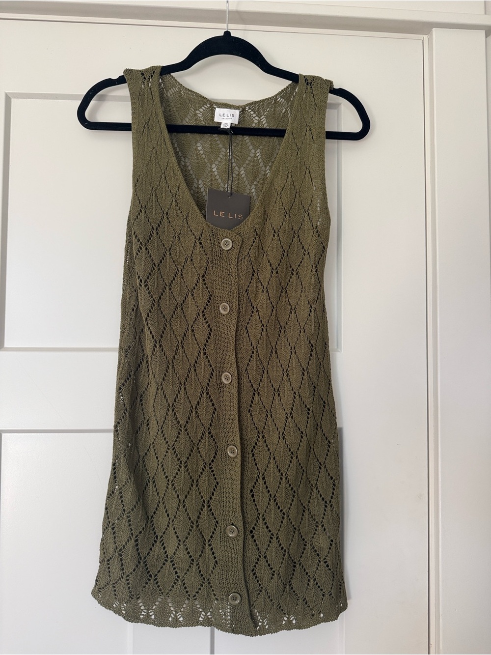 Le Lis Olive Openwork Knit Button-Front Vest, beach coverup, or layering XS NWT